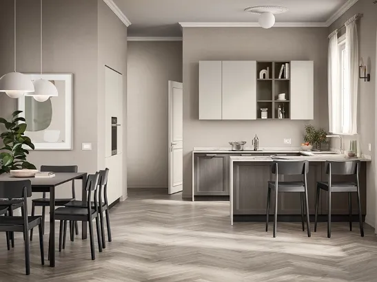 Cucina su misura con penisola Sax in decorativo Rovere Town di Scavolini